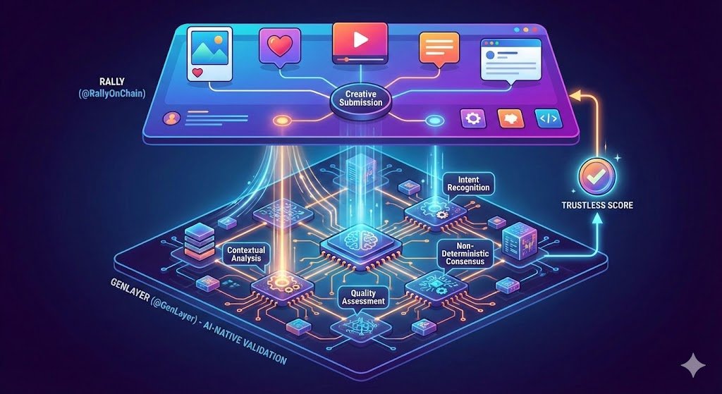 ct_tushar's tweet photo. Blockchains are usually too binary for creativity. @RallyOnChain needs @GenLayer because standard logic can't judge quality or intent. GenLayer’s AI-native consensus handles that subjective heavy lifting, allowing for trustless scoring without a central boss in the way. https://t.co/8LTtZf1AGA