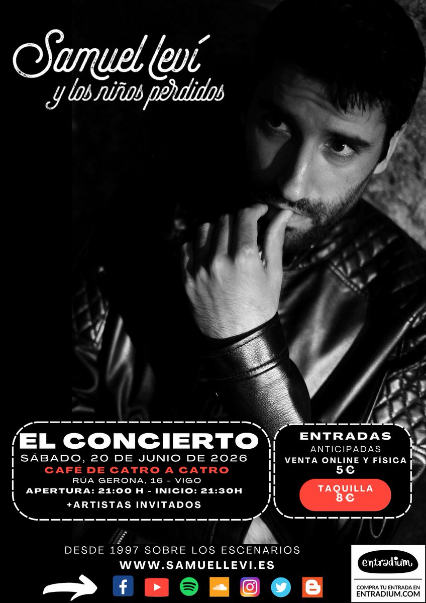 📣Concierto de Samuel Leví y los niños perdidos 📣
📍Café de Catro a Catro
🗺️ Rúa Gerona, 16 - Vigo
🗓️ Sábado, 20 de junio
🕘 A partir de las 21:00h
🎫 Entradas:
Anticipada 5€
Taquilla 8€
🎼 Formato banda
🎤🎸🪘🥁🪇🎹🎷🎻

entradium.com/es/events/conc…

Cantemos juntos una vez más.