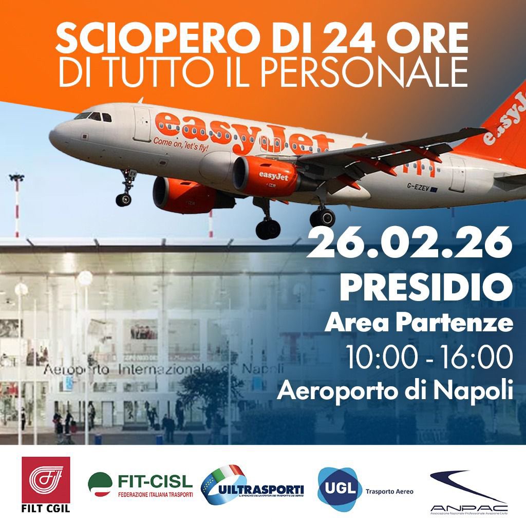 EASYJET 26 febbraio : SCIOPERO DI 24 ORE DI TUTTO IL PERSONALE‼️ per il rinnovo del contratto di lavoro Piloti ed Assistenti di Volo e per una migliore organizzazione del lavoro 💪🏼💪🏼 <a href="/Uiltrasporti_N/">UILTRASPORTI</a> <a href="/UILofficial/">Uil Nazionale</a> <a href="/PpBombardieri/">Pierpaolo Bombardieri</a>