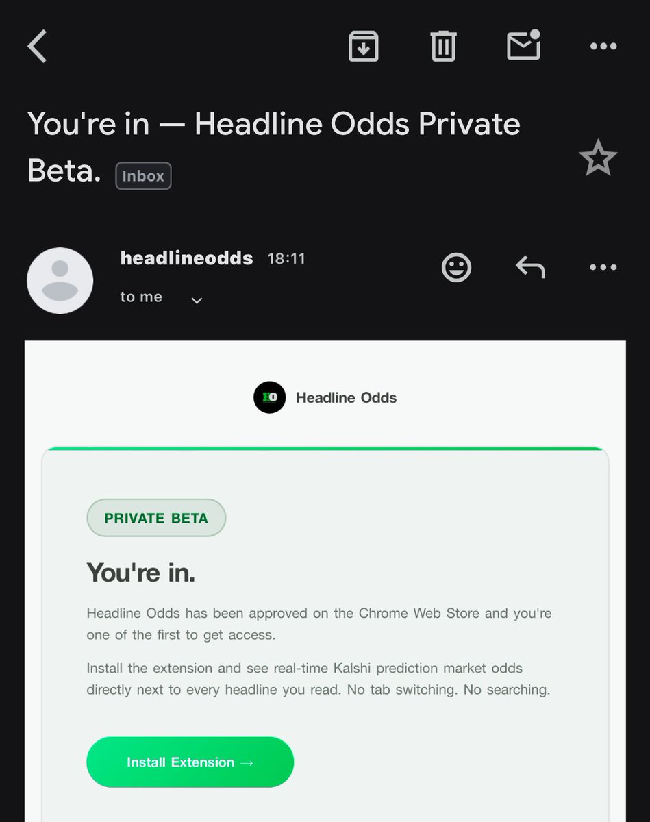 <a href="/headlineodds/">Headline Odds</a> is officially live! 🎊

If you signed up for the waitlist, please check your inbox 

Private beta access is rolling out now. You'll be able to install the Chrome extension directly from the mail. 

Let us know what you think frens. 👨‍🍳