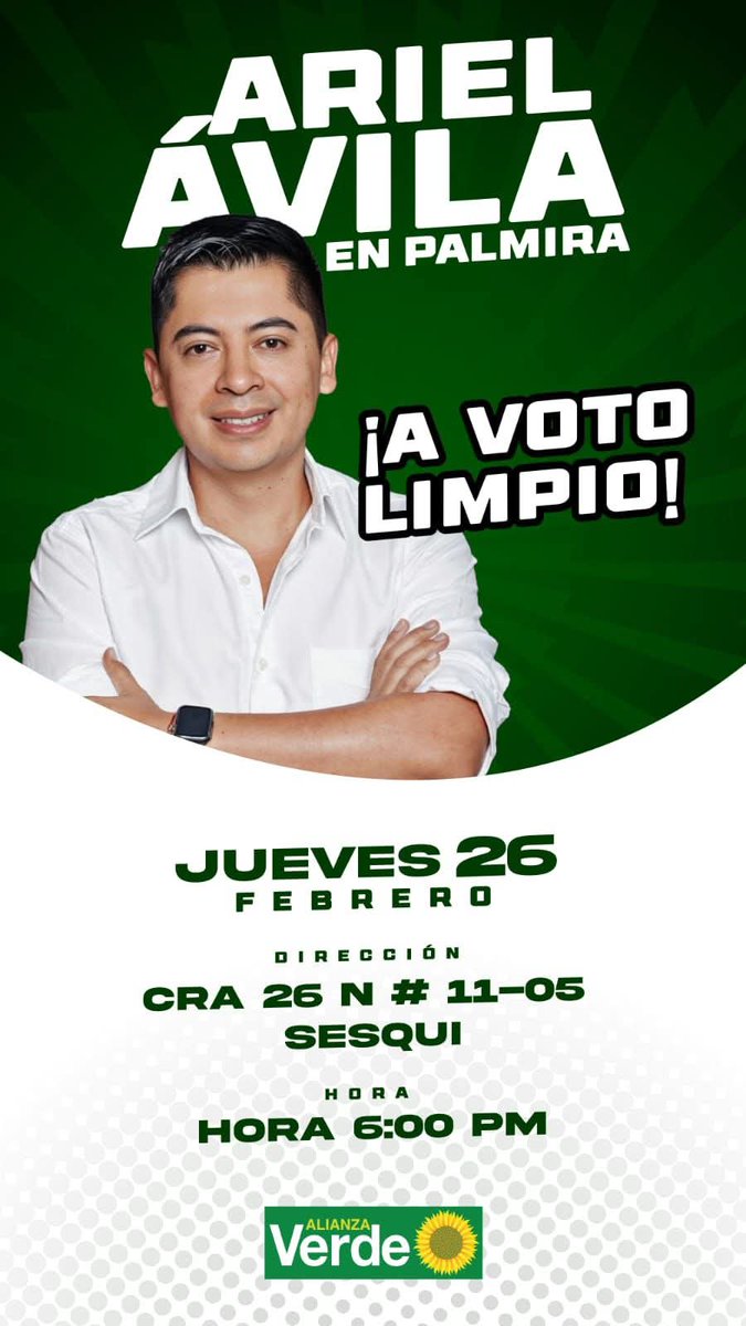 ValleconAriel's tweet photo. #Palmira nos vemos este jueves 26 con @ArielAnaliza.
Seguimos construyendo política limpia.
Un espacio para seguir fortaleciendo una #Política transparente y con criterio. 
Alianza Verde 💚🌻3️⃣ al Senado.
📍 Lugar: Carrera 26N #11-05 Sesqui
🕕 Hora: 6:00 p.m. https://t.co/ummUcwS05H