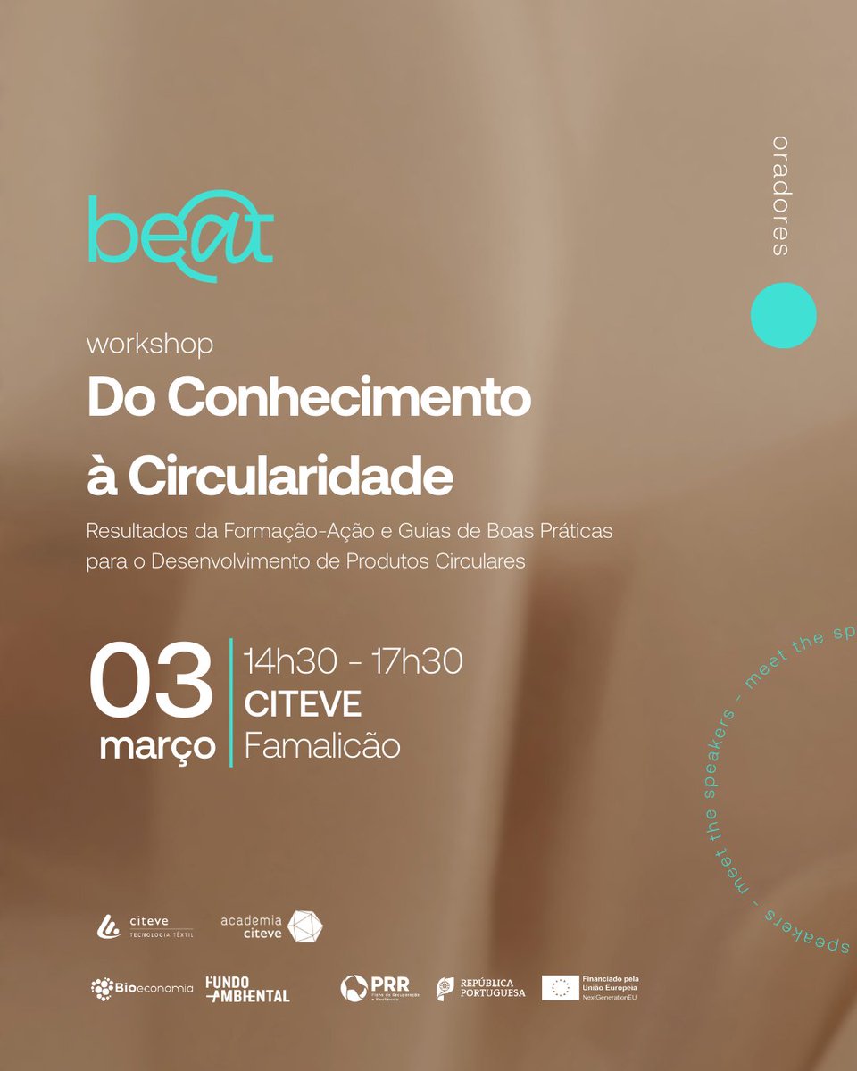 Beat_textiles's tweet photo. ⏳Falta 1 semana!
No dia 3 de março, o be@t e a Academia CITEVE juntam-se no CITEVE para o workshop “Do Conhecimento à Circularidade”.

🌱Junta-te a nós e faz parte da mudança. 
Inscreve-te: https://t.co/rsVV19pmM1

#ConstruirOFuturo #Bioeconomia #Sustentabilidade https://t.co/4NWlg3xJDm