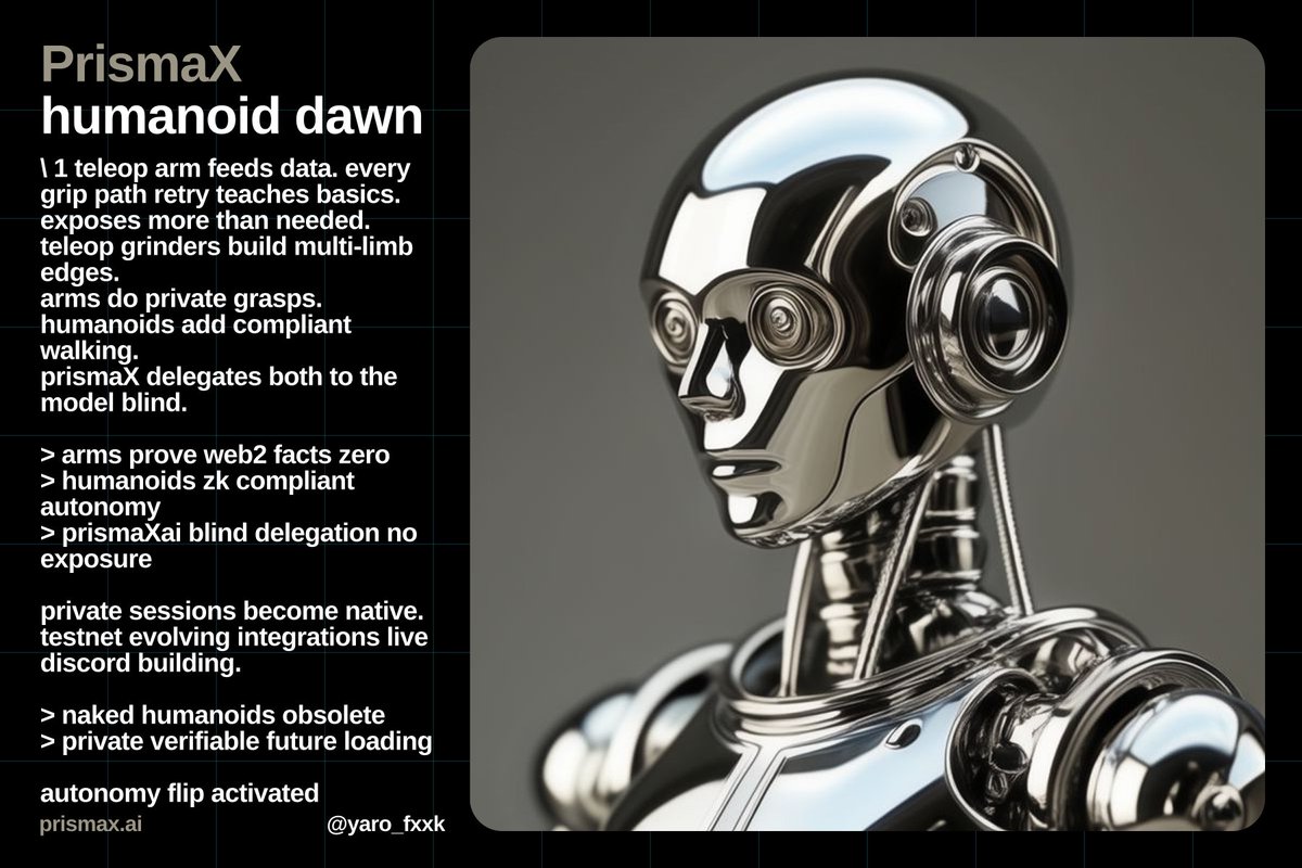 \ prismaX humanoid dawn

1 teleop arm feeds data. every grip path retry teaches basics.

exposes more than needed. teleop grinders build multi-limb edges.

arms do private grasps. humanoids add compliant walking.

\ prismaX delegates both to the model blind.

> arms prove web2