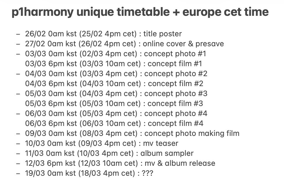yawntaezn's tweet photo. i added the european times (cet) for the p1harmony unique timetable 🙂‍↕️ https://t.co/qWi0gfJiSy