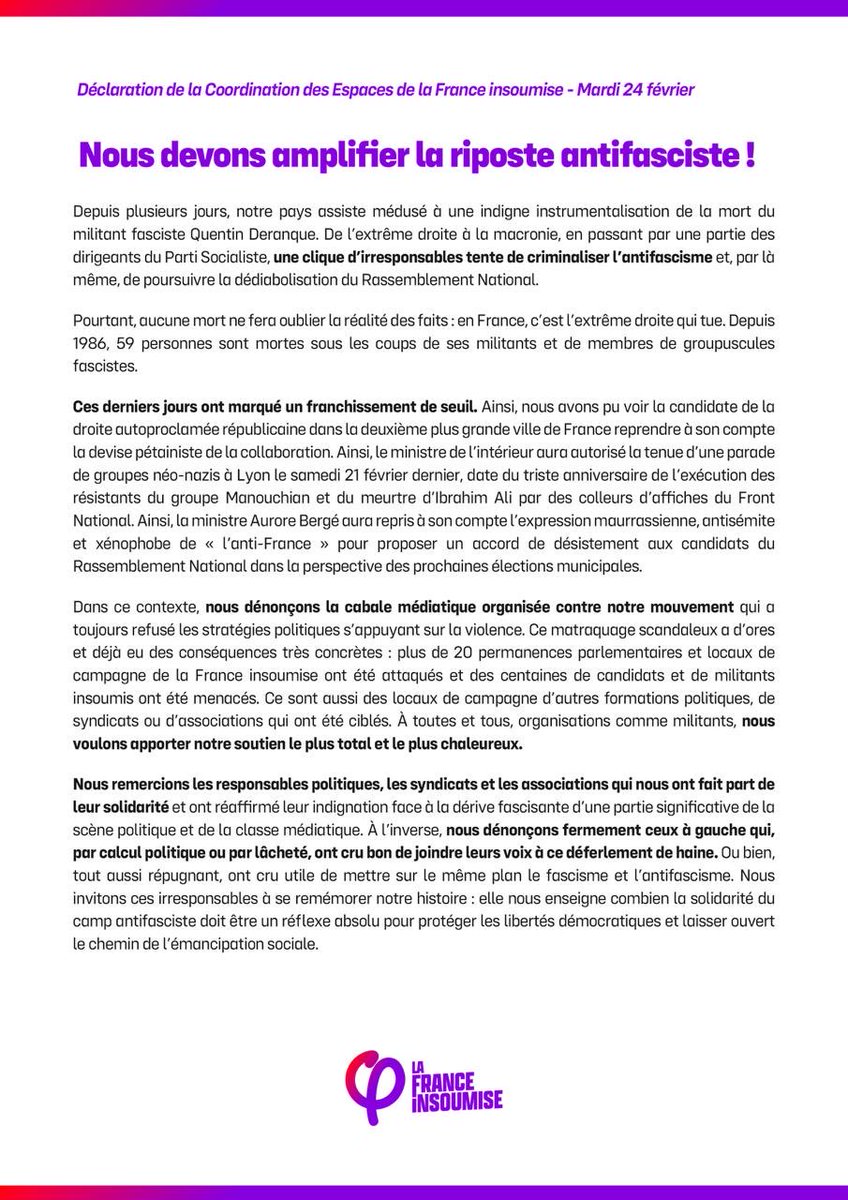 mbompard's tweet photo. Retrouvez la déclaration de la coordination de la @FranceInsoumise.

Nous devons amplifier la riposte antifasciste :
➡️ en meeting à Perpignan ce dimanche 1er mars
➡️ avec les manifestations du 8 mars et du 14 mars prochain 
➡️ lors des élections municipales des 15 et 22 mars https://t.co/uNqkdKxEG5