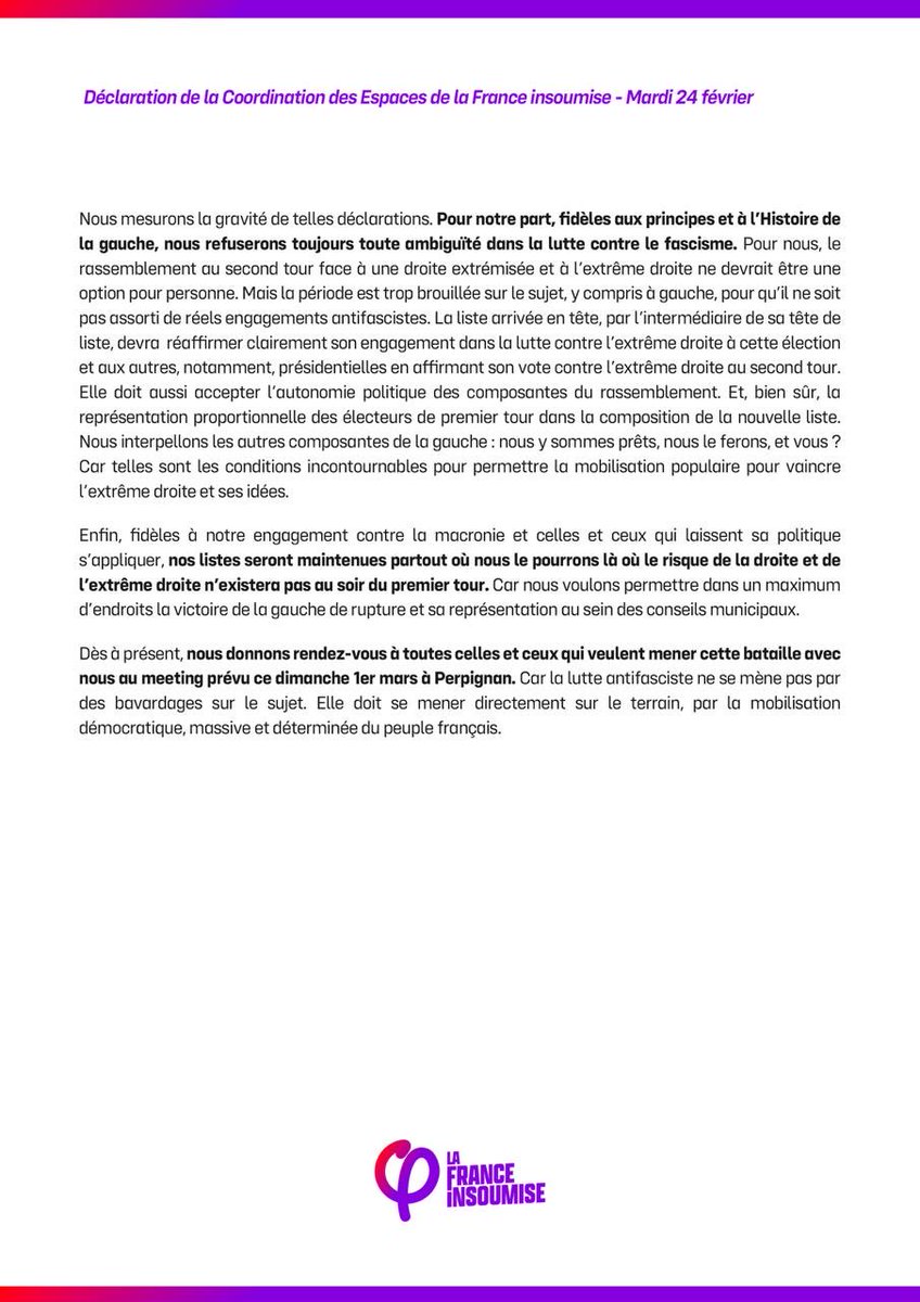 Retrouvez la déclaration de la coordination de la <a href="/FranceInsoumise/">La France insoumise</a>.

Nous devons amplifier la riposte antifasciste :
➡️ en meeting à Perpignan ce dimanche 1er mars
➡️ avec les manifestations du 8 mars et du 14 mars prochain 
➡️ lors des élections municipales des 15 et 22 mars