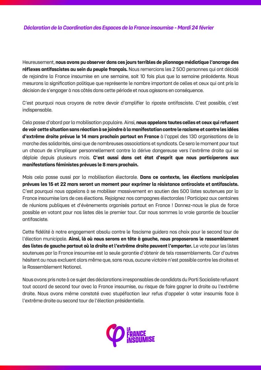 mbompard's tweet photo. Retrouvez la déclaration de la coordination de la @FranceInsoumise.

Nous devons amplifier la riposte antifasciste :
➡️ en meeting à Perpignan ce dimanche 1er mars
➡️ avec les manifestations du 8 mars et du 14 mars prochain 
➡️ lors des élections municipales des 15 et 22 mars https://t.co/uNqkdKxEG5