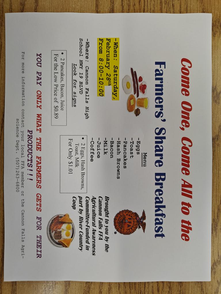 Just a reminder to not forget about the Cannon Falls FFA Farmer's Share Breakfast.  Bring a friend...or a few.   8-10am this Saturday at the High School.