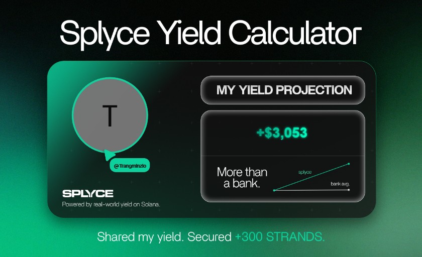Trangminzio's tweet photo. Just tested the real-world yield calculator from @SplyceFi.

My numbers came out +2,928.23% higher than leaving it in a bank.

Check yours: https://t.co/i1aEExkWLR https://t.co/Z5f1feFwmr