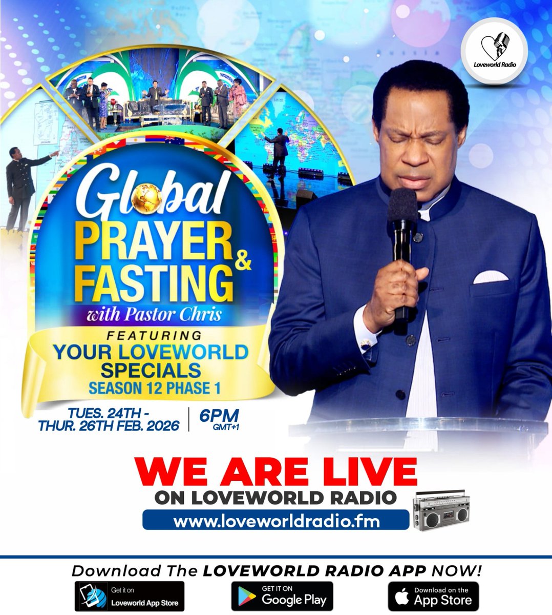WE ARE LIVE ON LOVEWORLD RADIO!!

THE GLOBAL PRAYER AND FASTING WITH PASTOR CHRIS FEATURING YOUR LOVEWORLD SPECIAL S! 

Participate Live On👇
loveworldradio.fm 

Download the Loveworld Radio App

play.google.com/store/apps/det…

#Loveworldradio
#ltmradioarabic 
#gdoponradio