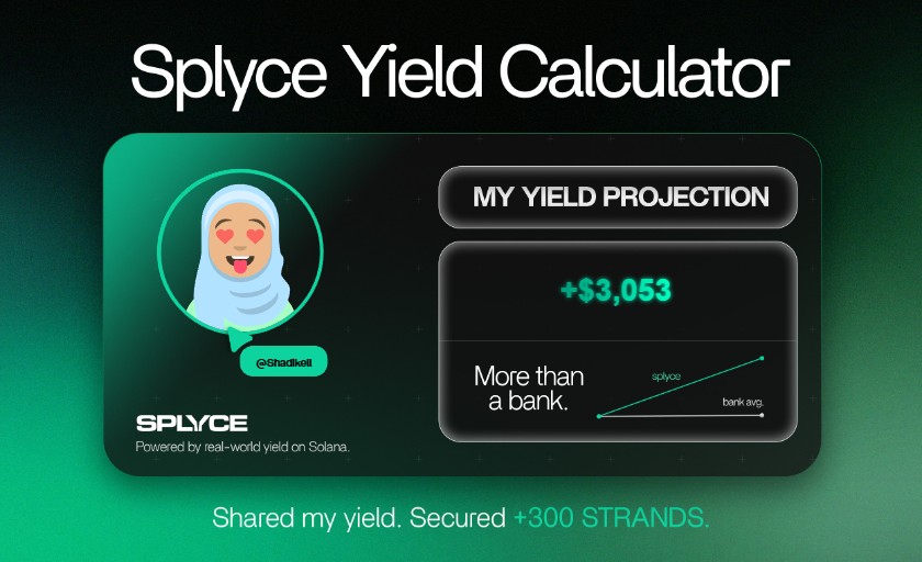 Shadikell's tweet photo. Just tested the real-world yield calculator from @SplyceFi.

My numbers came out +2,928.23% higher than leaving it in a bank.

Check yours: https://t.co/NbBU4YRkht https://t.co/Yxj5VGzvlo