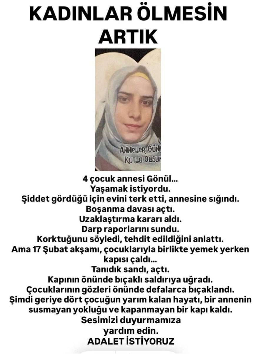 Bu acıya dayanılmaz. Kapı önünde, çocuklarının gözleri önünde bıçaklanarak, öldürüldü. Allah kabul etmesin. 4 çocuğunun gözleri önünde öldürülmek ne demek. Adalet istiyoruz diyorlar çünkü adalete bir güvenleri yok. Lütfen Adaleti sağlayın artık.