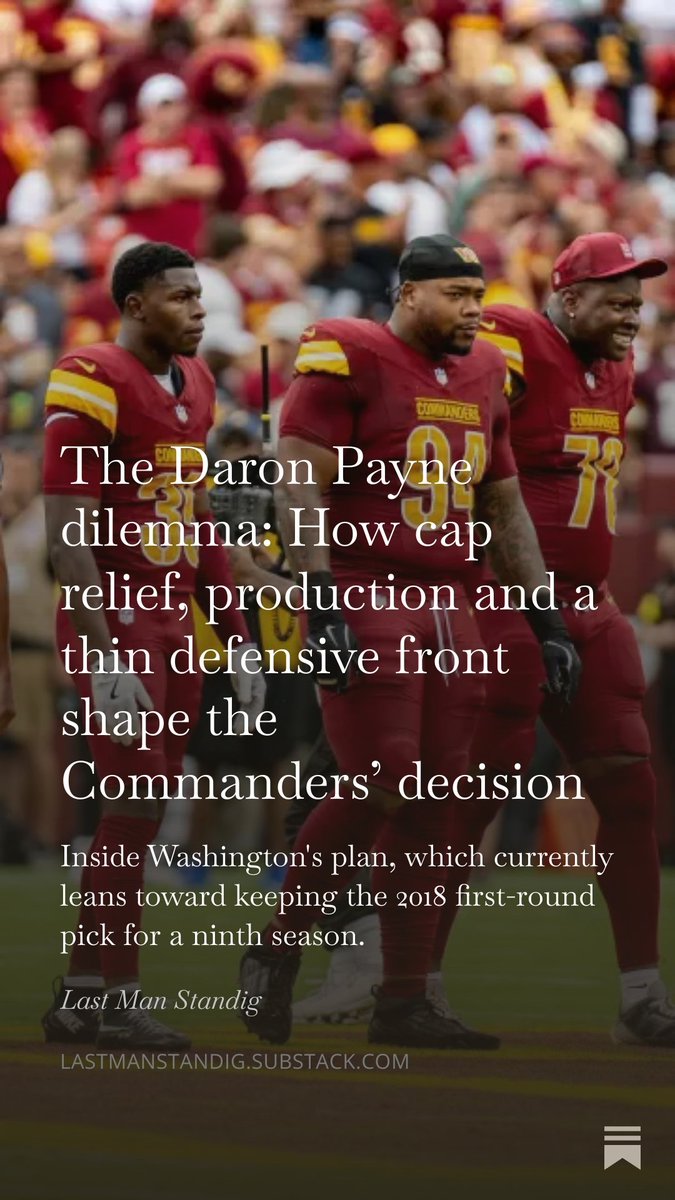 BenStandig's tweet photo. Adam Peters confirmed my report from Jan. 26 that Daron Payne will return for 2026 and without a contract extension or restructure. $28M cap hit.

Story is open for all. https://t.co/GVZzJzWKWi