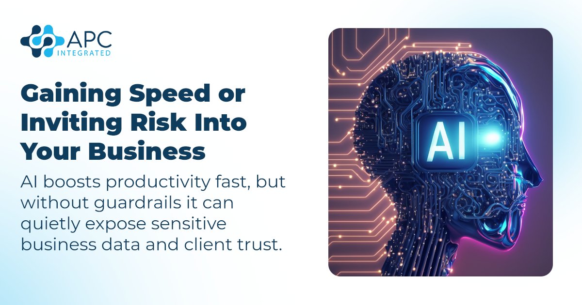 APC_Integrated's tweet photo. AI inside Microsoft 365 can transform productivity fast. But without clear policies and monitoring, it can expose sensitive client data just as quickly. APC helps businesses adopt AI securely with smart access controls and proactive oversight. Are your guardrails in place? https://t.co/jaU7bMA7iK