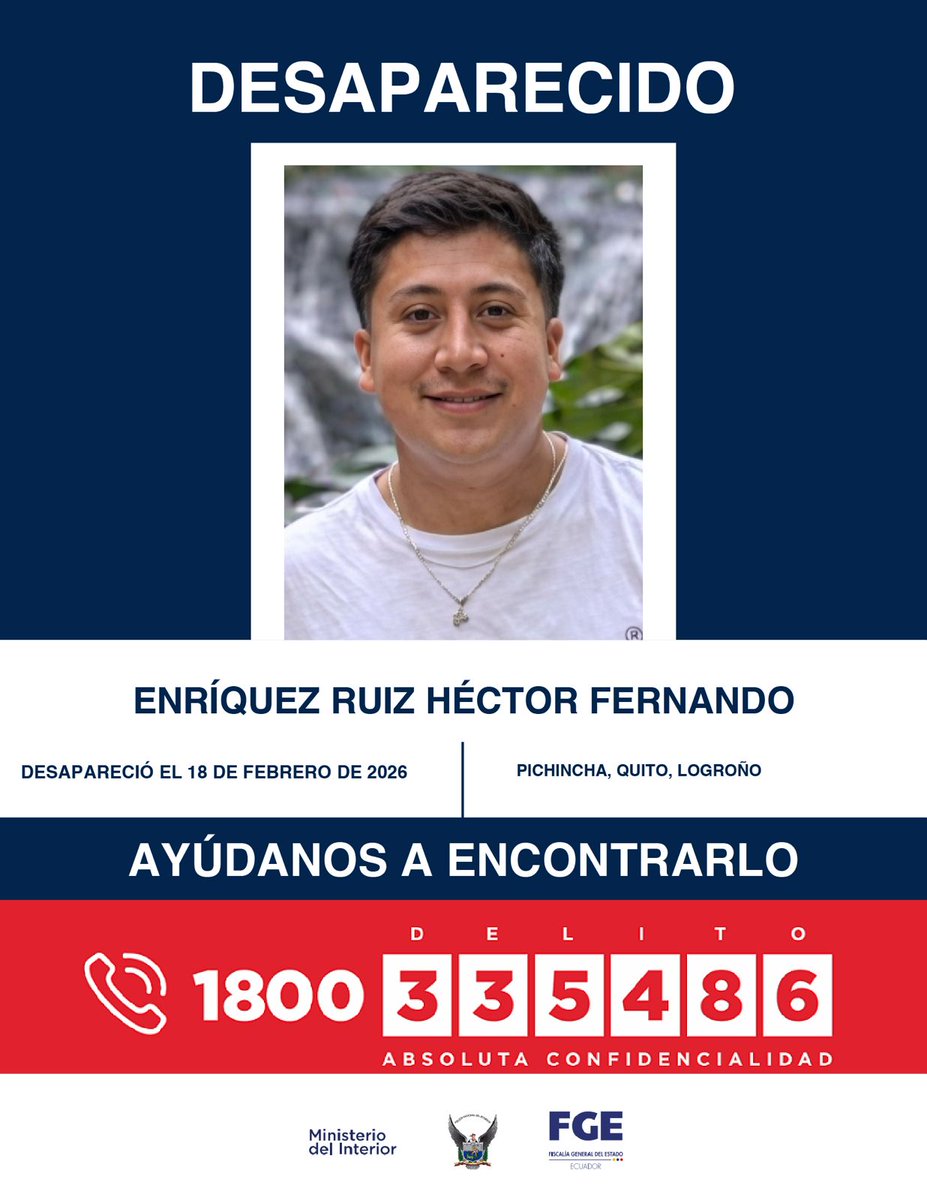 #DesaparecidosEcuador | #Pichincha: si tienes información sobre la ubicación de Héctor Fernando Enríquez Ruiz, comunícate de inmediato con las autoridades. Fue visto por última vez el 18 de febrero de 2026 en el norte de #Quito.