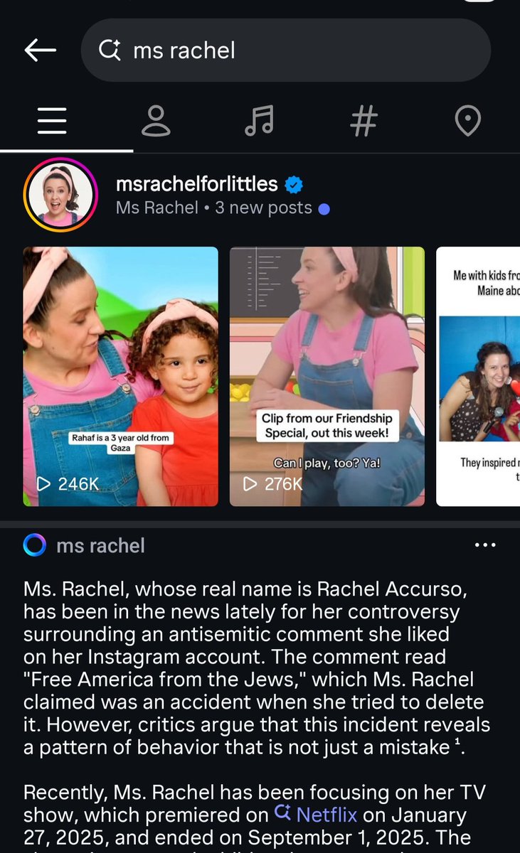 Elissar's tweet photo. Look at this BS AI summary that comes up when you search Ms. Rachel on Instagram. The whole entire first paragraph focuses on the absurd "antisemitic" smear campaign against her. https://t.co/i7I7bKaaBV