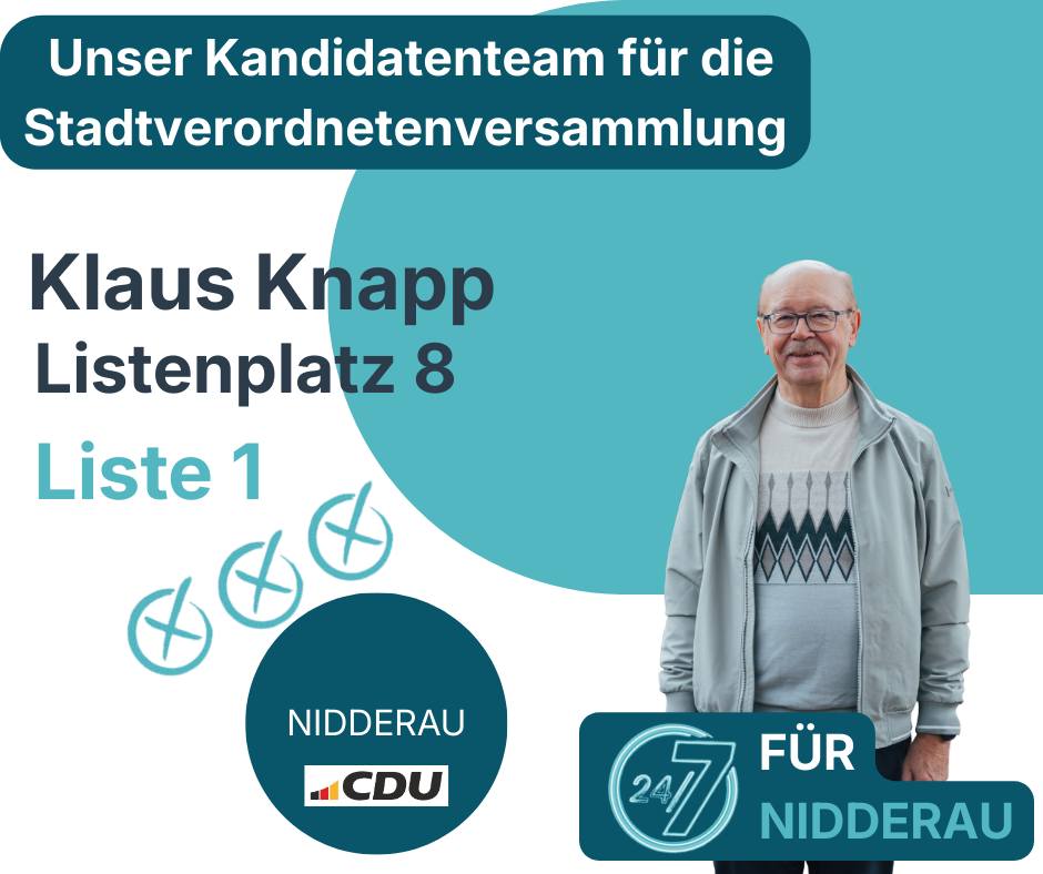 Solide Finanzen für ein starkes Nidderau! 🏦✅

Klaus Knapp bringt viele Jahre Parlamentserfahrung mit. Er weiß genau, wie wir Investitionen und Haushaltsdisziplin in Einklang bringen. 📊

Am 15. März: Erneutes Vertrauen für Klaus Knapp auf Platz 8! 🗳️

#CDU #Finanzexperte