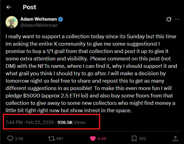 . <a href="/AdamWeitsman/">Adam Weitsman</a> getting almost 1M views on this post shows you that people still look forward to and want to see NFTs make another comeback

NFTs 2026.