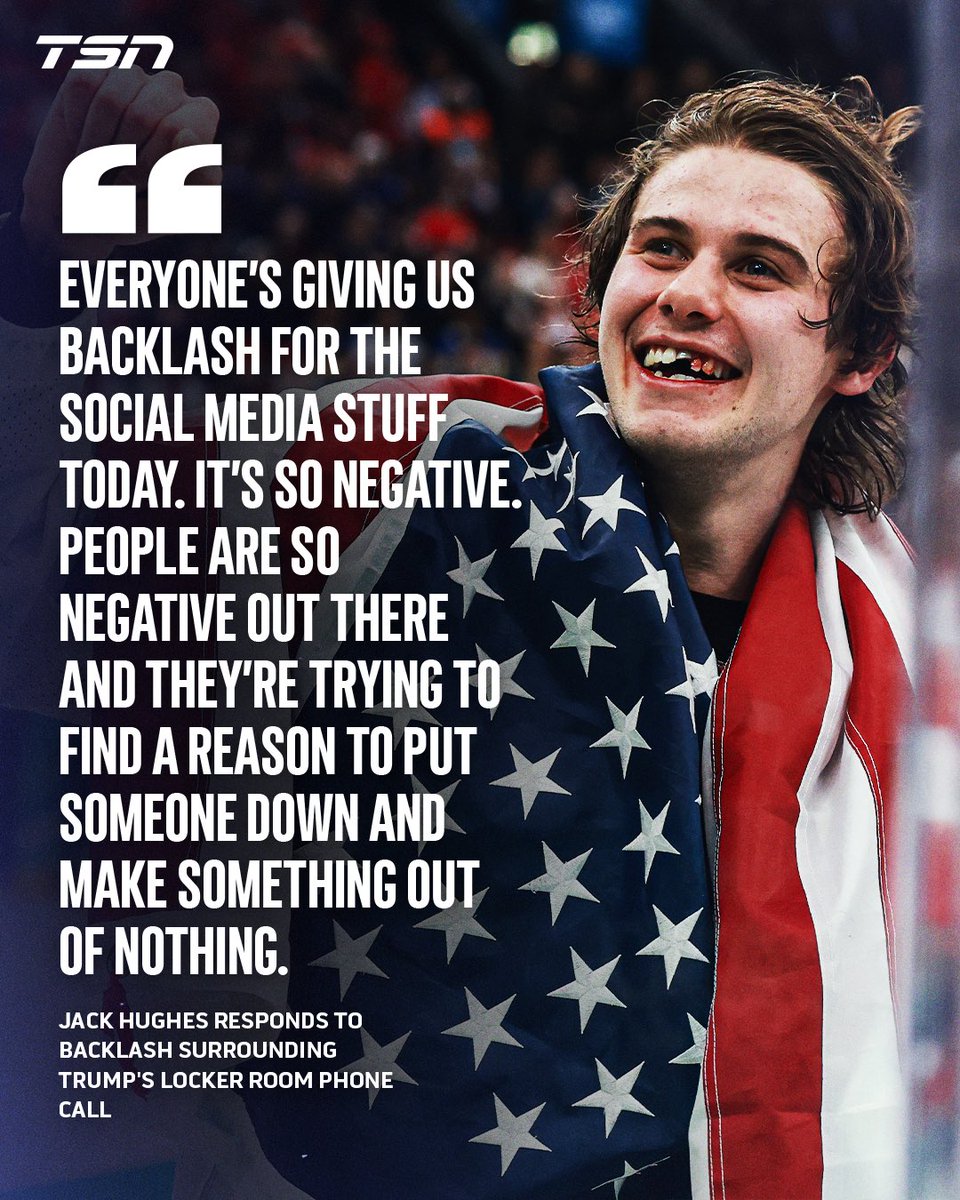 TSN_Sports's tweet photo. Jack Hughes speaks on the backlash following Donald Trump’s phone call in the U.S. locker room after their gold medal win.

#MilanoCortina2026

(🎥: @wsvn) https://t.co/FyQkcHuA9X