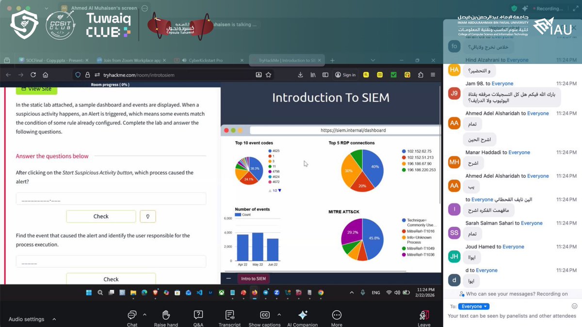 مقتطفات من اليوم التاسع لمعسكر CyberKickStart 💊
بعنوان SOC Analysis

تعمّقنا في تحليل التنبيهات الأمنية ومراقبة الأحداث داخل بيئة مركز العمليات الأمنية، مع تطبيقات عملية تعزز مهارات الرصد والاستجابة بكفاءة عالية 🖥️🔍