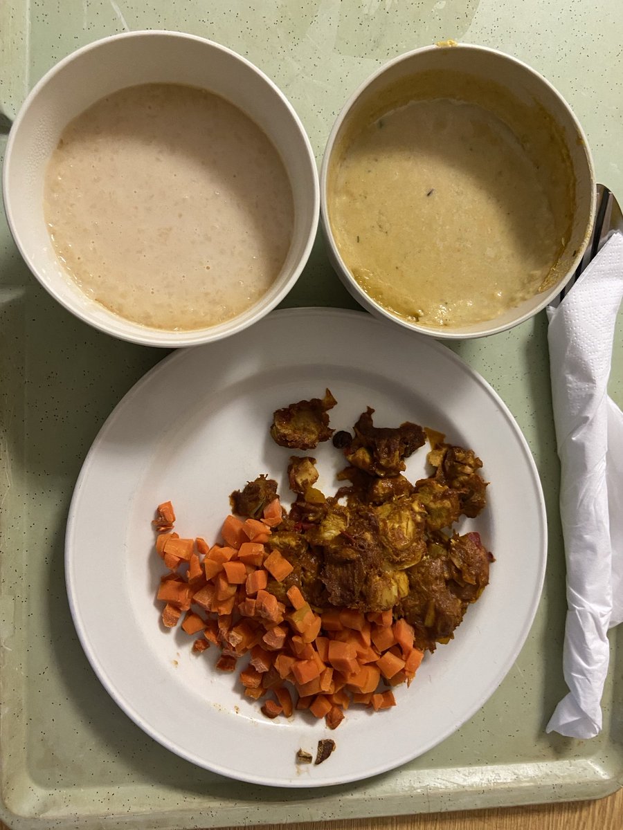 I had to get a loved one out of hospital to get well at home yesterday. This is the #NHS version of nutrition at breakfast and dinner. One bowl is soup and the other pudding. “Meat” was undeterminable. Nothing green in sight!