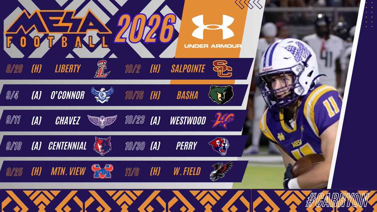 Mesa_FB's tweet photo. 2026 Football Schedule
#WeAreMesa #CarryOn #BAM
@MesaHSathletics https://t.co/R7119BiEdw
