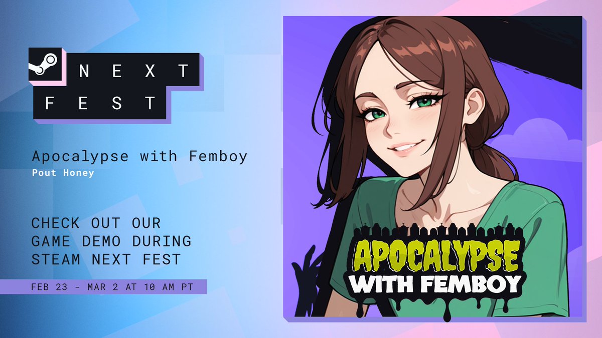 PinkTwilightDev's tweet photo. #SteamNextFest
Please support my fellow dev @PoutHoney  and play their game, Apocalypse with Femboy!
If you like my game(s), you'll probably like theirs too! Go show them some love and wishlist it! 🙏
➡️ https://t.co/jZdw5MjtF7 https://t.co/9ASTmroT0t