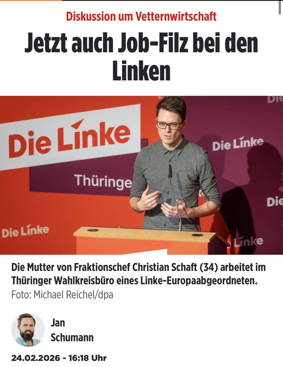 Jetzt auch Vetternwirtschaft bei der Linken?
Aber ganz ehrlich: das stört mich nicht - weil es mich bei keiner Partei stört. Die Abgeordneten suchen sich Vertrauenspersonen und haben ein festes, monatliches Budget für die Gehälter (um die 27.000€). Und es ist schwer genug gute