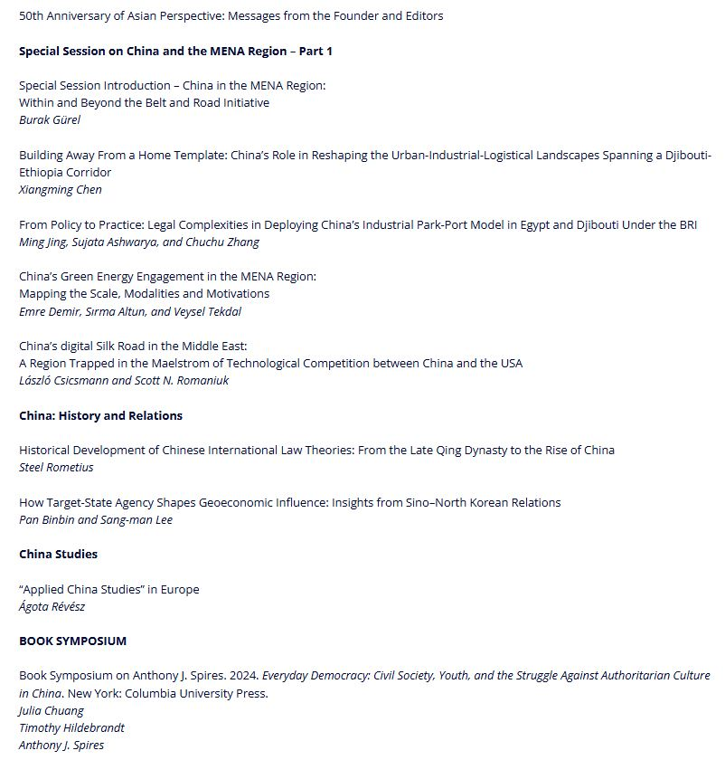 latest (50th anniversary) issue is out.  China and MENA region special session, Chinese international law theories, China-N Korea relation, Europe's China Studies, book symposium on Spires' _Everyday Democracy_, and many more！ muse.jhu.edu/issue/56443