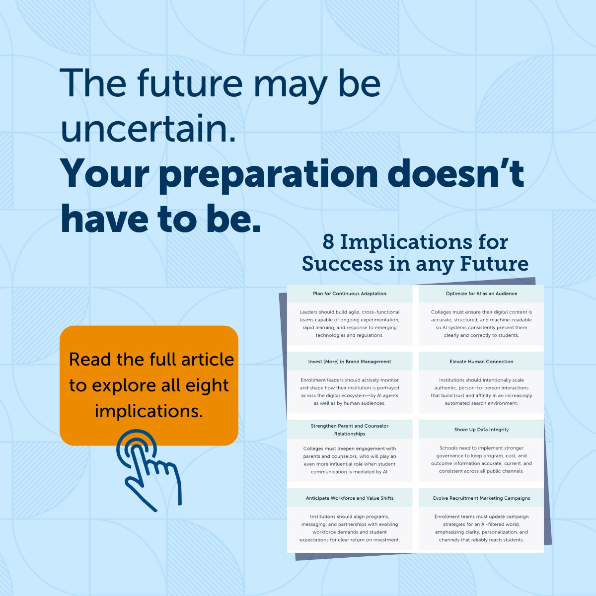 EAB's tweet image. Blockbuster failed because it thought it had time. #Enrollment leaders are facing a similar moment with AI.

Nearly half of college-bound students are using it to research and compare schools. In our latest article, we outline four possible #AI-powered search scenarios and eight