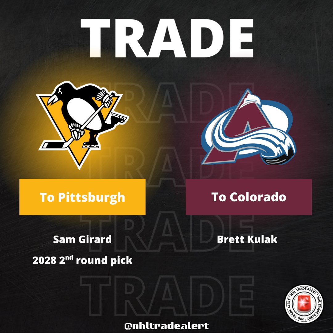 🚨TRADE ALERT🚨

Colorado has traded Sam Girard and a 2028 2nd round pick to Pittsburgh for Brett Kulak. #GoAvsGo #LetsGoPens #NHL