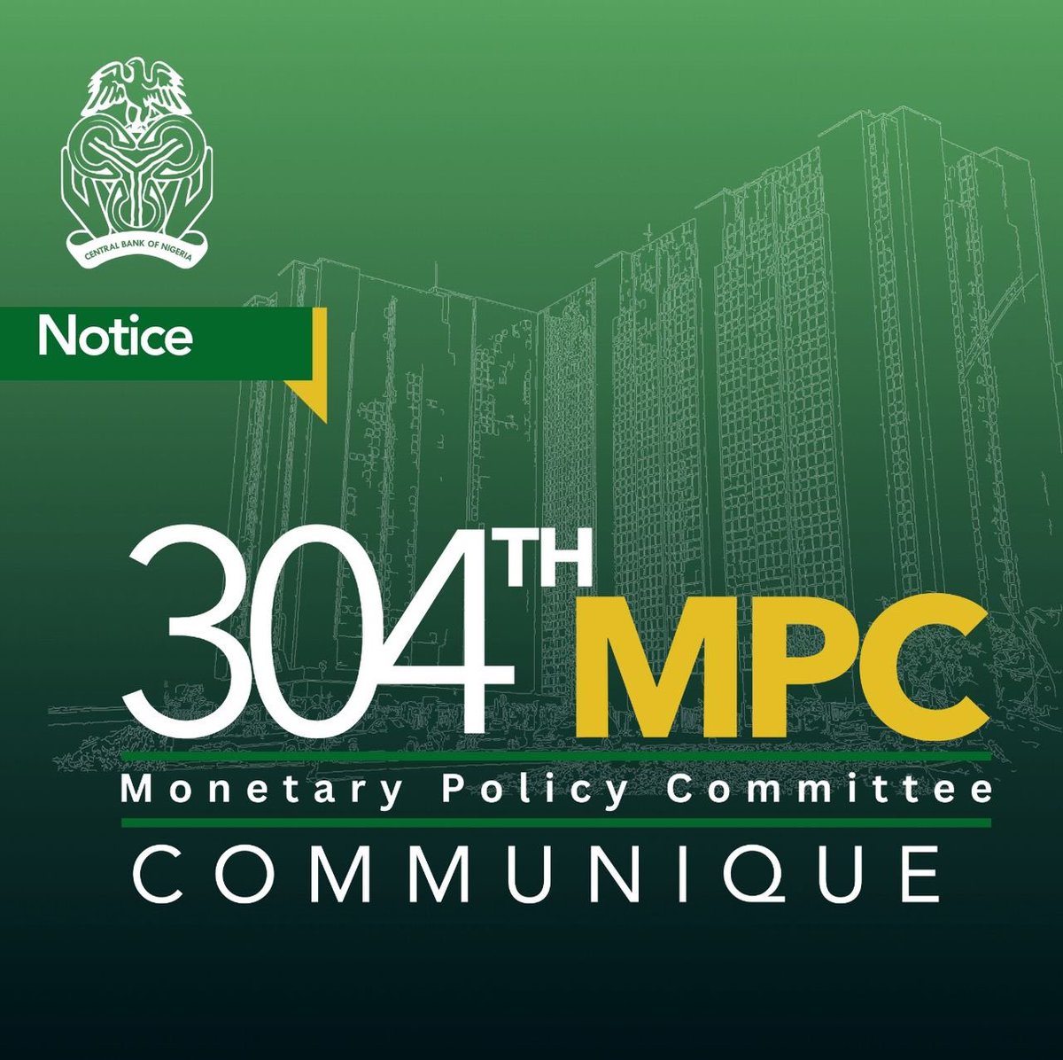 cenbank's tweet image. Monetary Policy Communique No. 161 from the 304th Meeting of Monetary Policy Committee held on 23rd and 24th February 2026.

Kindly click on the link below to read the Communique: cbn.gov.ng/Out/2026/CCD/M…

#CBN
#MPC
#Communique