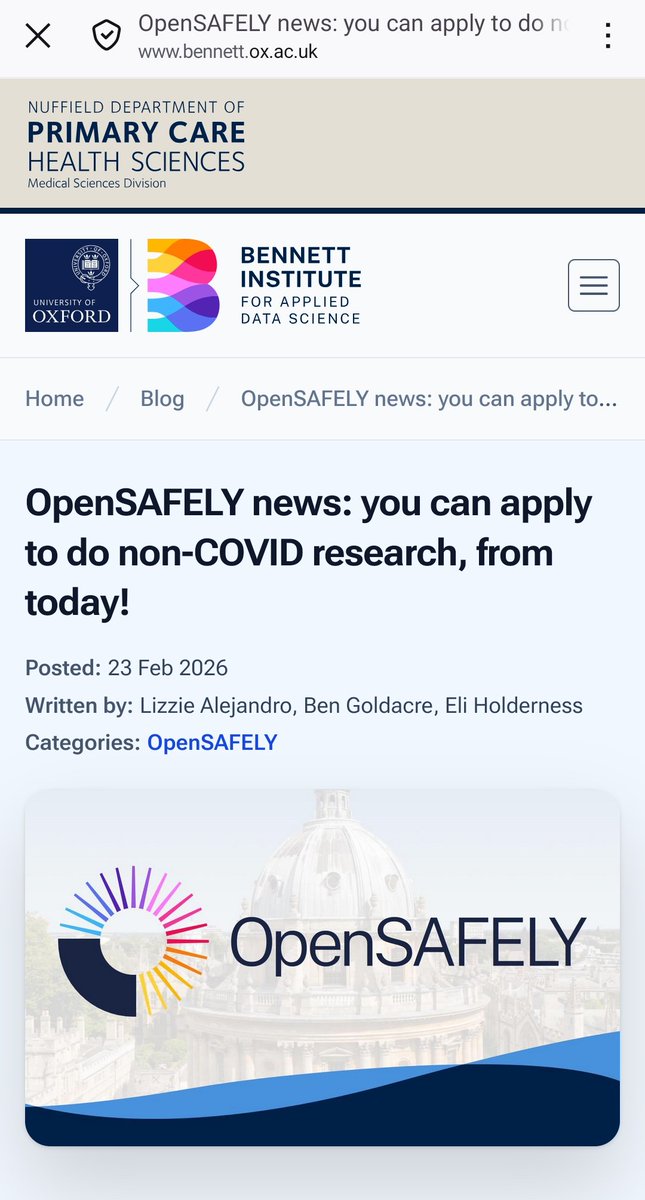 Big news! OpenSAFELY is now even more open. UK GP records (from Leeds) joined with lots of other data in Oxford with a privacy-preserving layer that lets you ask detailed questions, get detailed answers, and never need to know anyone's personal details. bennett.ox.ac.uk/blog/2026/02/o…