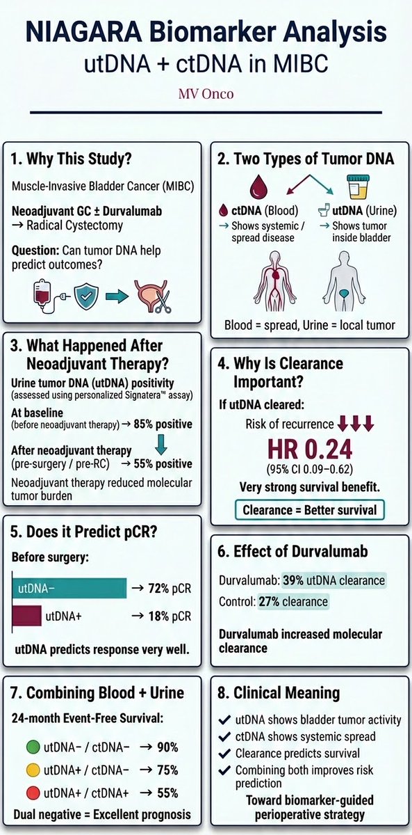 In muscle-invasive bladder cancer:
Urine tumor DNA fell from 85% → 55% after neoadjuvant therapy.
If utDNA cleared → much lower recurrence risk (HR 0.24).
utDNA− before surgery → 72% pCR.
Blood + urine together = better prediction.
#MVOnco #BladderCancer #MIBC #ctDNA