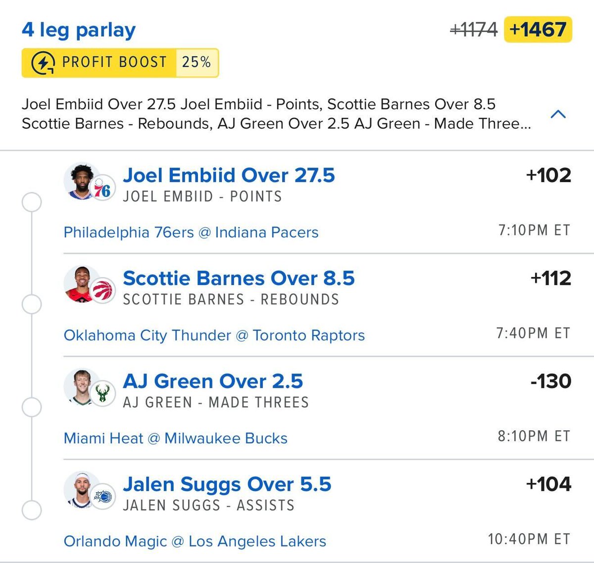 ✍️ All In One Parlay +1467

Trusting the data. Let's turn things around tonight!

🔗 Link to tail -> bit.ly/NBA2-24
