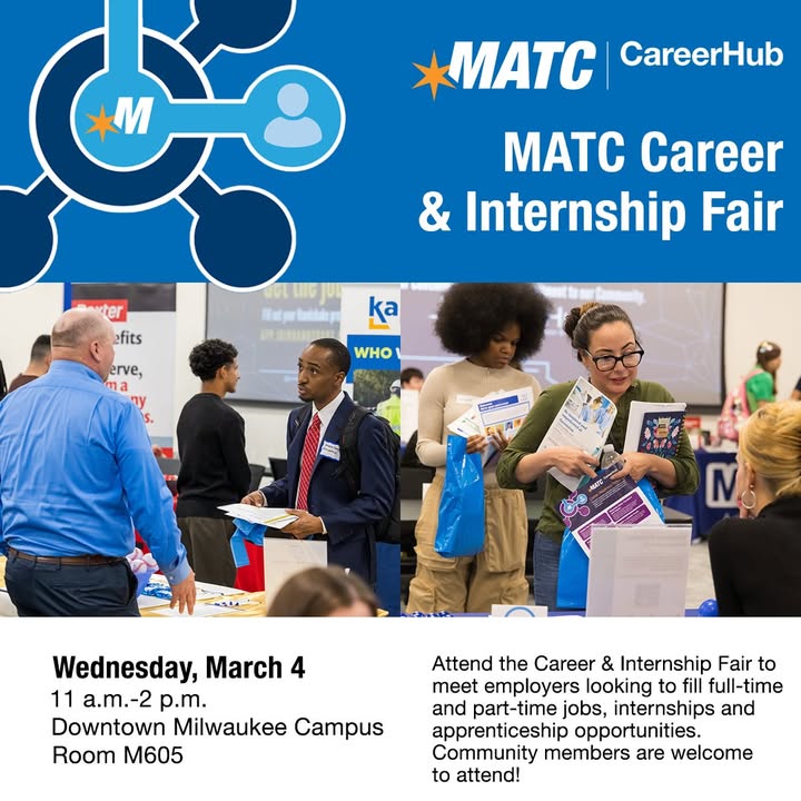 matcmilwaukee's tweet photo. Attend the MATC Career &amp; Internship Fair on Wednesday, March 4 to meet employers looking to fill full-time and part-time jobs, internships and apprenticeship opportunities. 

https://t.co/kPQp8zpCGT https://t.co/31IcKOWYtS