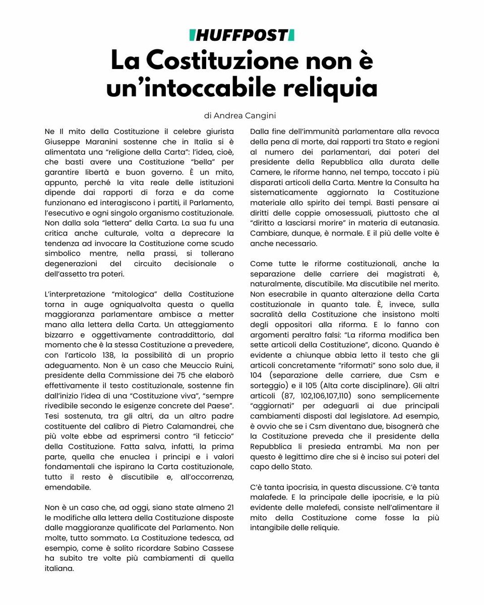 Anziché entrare nel merito della riforma che separa le carriere dei magistrati, ci si oppone in nome dell’intangibilità della Costituzione. Ma la Carta è già stata modificata più di 20 volte. Chi la intende sacra vuole reintrodurvi la pena di morte e l’immunità parlamentare?