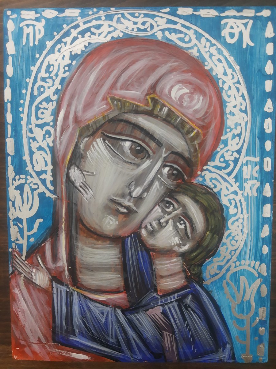 Богородица са Христом , 15 х 20 , липа , комбинована техника.
  ,,Узми на радост из мојих дланова
Мало сунца и мало слатког меда,
Ко што нам налажу пчеле Персефоне" . Осип Мандељштам