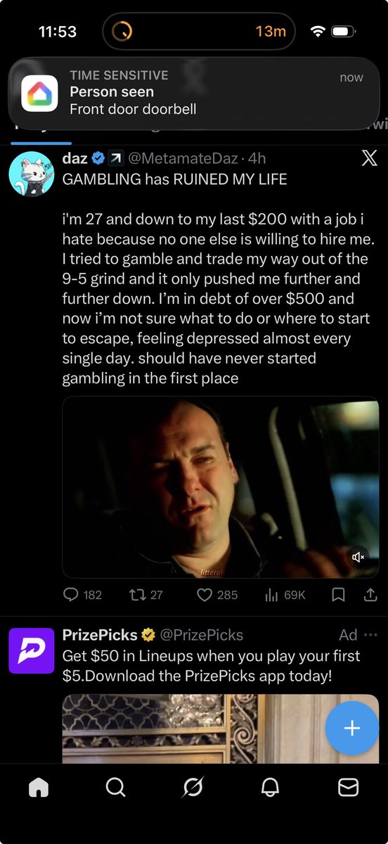 A tweet explaining how gambling is ruining someone’s life IMMEDIATELY followed up by a prizepicks ad directly under it.