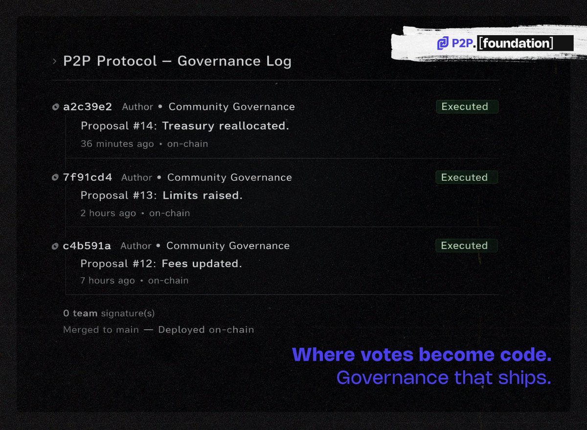 Most governance tokens let you vote on a forum post.

But $P2P lets you change the protocol.

Fees. Limits. Treasury. Upgrades.

Proposals pass quorum, hit the timelock, and execute. No team signature required.