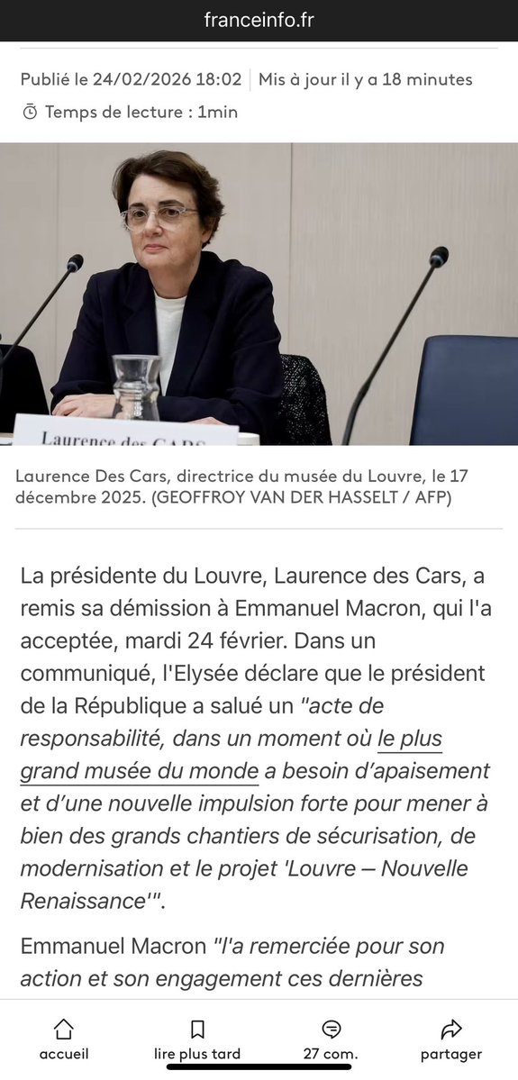 La présidente du Louvre, Laurence des Cars, a remis sa démission à Emmanuel Macron, qui l'a acceptée, mardi 24 février. #louvre #paris #laurencedescars #macron