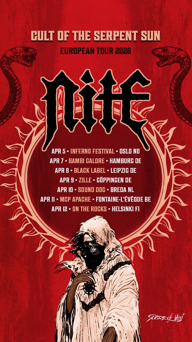 SeasonofMist's tweet photo. NITE brings their white-hot, blackened heavy metal to the old world as the 'Cult of the Serpent Sun' tour marches on.

The quartet kick off the run at Inferno  Fest.

For show info &amp; updates - https://t.co/nkWvTUigHk https://t.co/EW3hrsM9eP