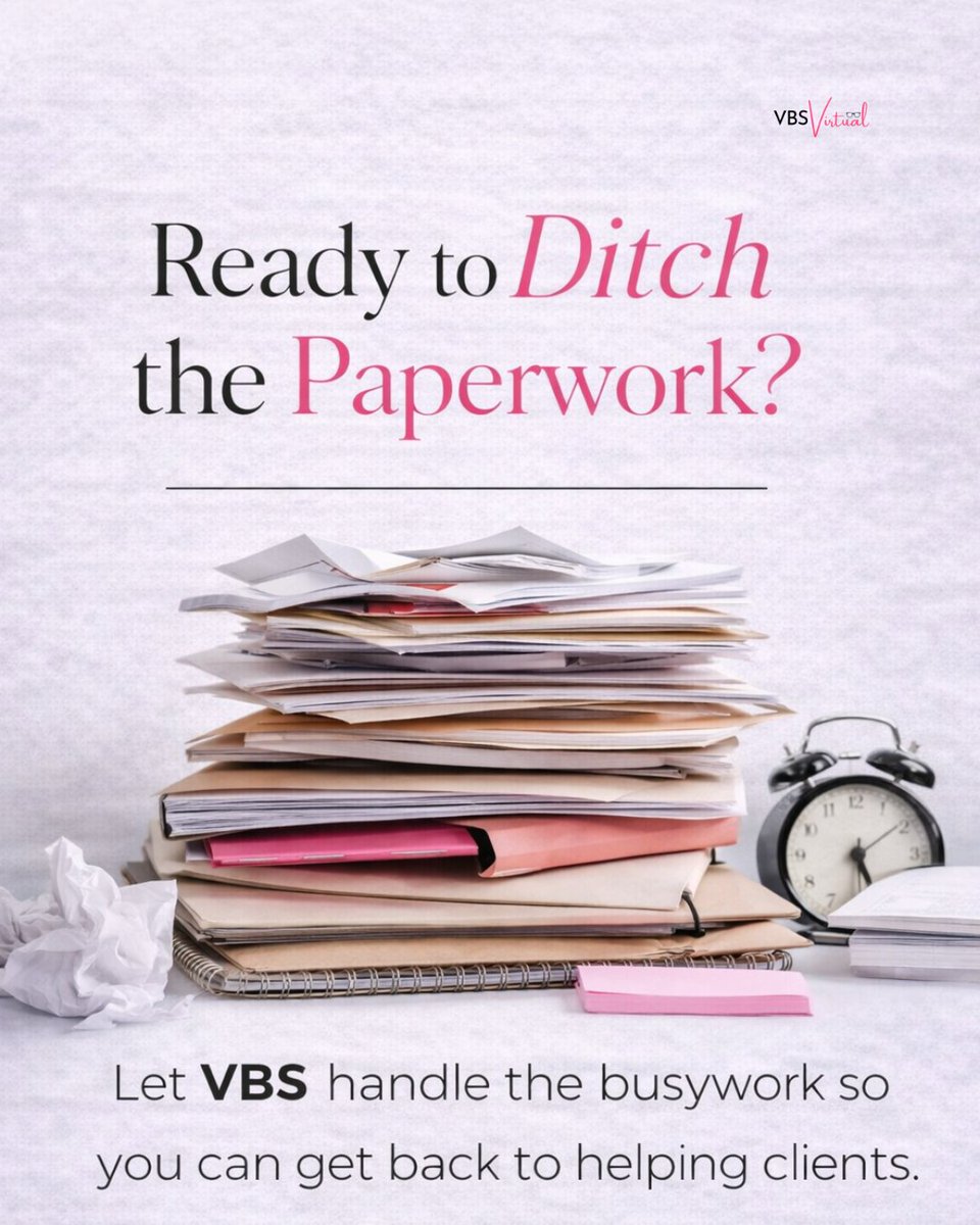vbsvirtual's tweet photo. Ready to ditch the paperwork? 📚 We handle the busywork so you can get back to helping clients and growing your practice. Get started at https://t.co/QmApqDElbn! #PrivatePracticeSupport #TherapistLife #AdminHelp #WomenOwnedBusiness https://t.co/UbOqRVVc2i
