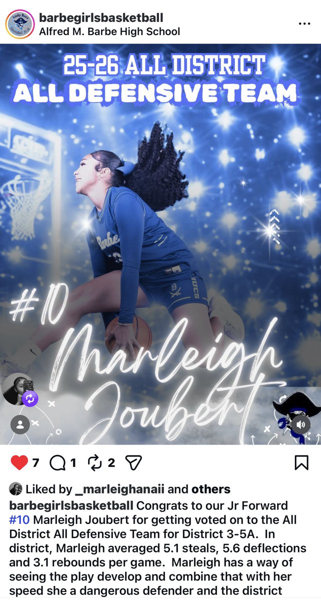 Giving thanks to God first,  My parents who keep pushing me and the talks during my ride home, my basketball Coach Mina Williams with the Barbe lady Bucs, And last but not least my softball  Coaches, one thing for sure I love being a multi sport player and love what I do.