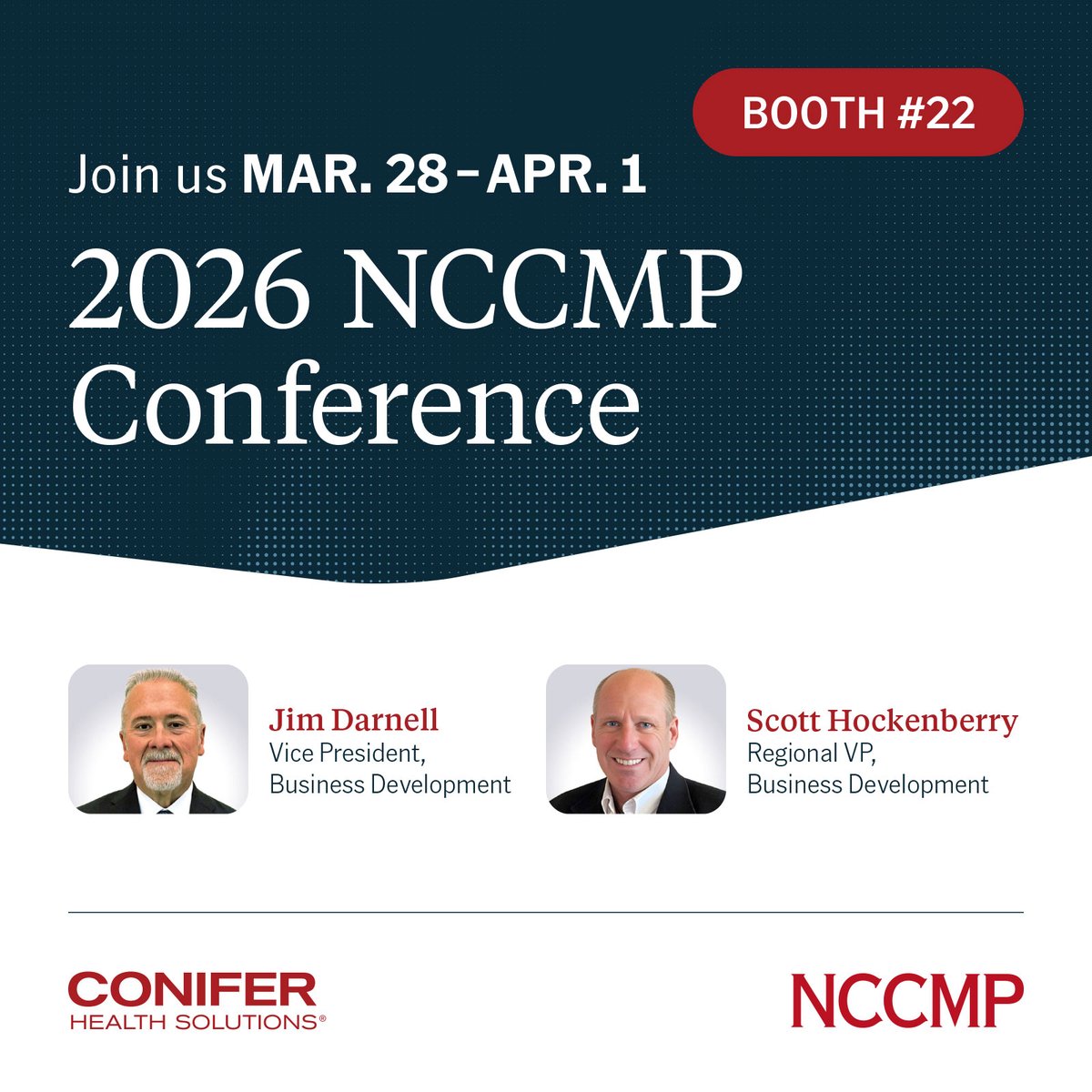 coniferhealth's tweet image. Stop by Booth 22, and connect with James Darnell and Scott Hockenberry to learn how Conifer's Population Health Management solutions drive better health outcomes for employees through an individualized approach to healthcare. #PopulationHealthManagement #outcomes #CareNavigation