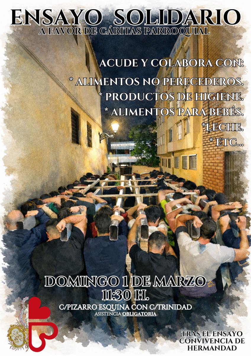 [𝐄𝐍𝐒𝐀𝐘𝐎𝐒 𝟐𝟎𝟐𝟔]

Seguimos sumando momentos y trabajo para el próximo 21 de marzo en nuestro equipo de hombres de trono y aspirantes.

El próximo domingo 1 de marzo, tenemos una nueva cita de trabajo técnico y posterior convivencia de hermandad, donde charlar y compartir