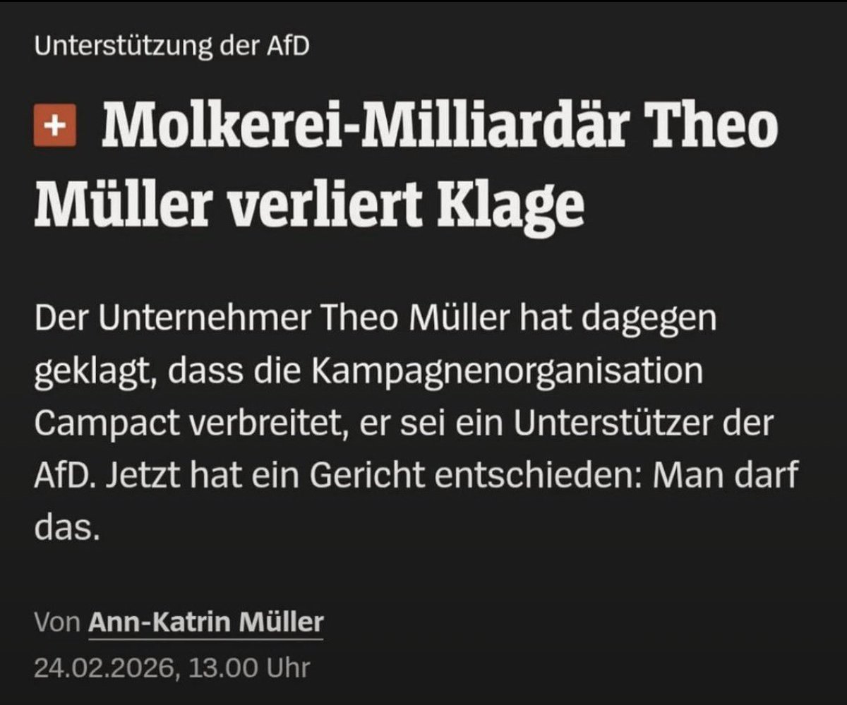 🚨MüllerMilch-Gründer verliert Klage gegen Campact ‼️
Wir dürfen jetzt alle sagen: 

Müllermilch unterstützt die AfD Müllermilch unterstützt die AfD #MüllerMilch unterstützt die #AfD
Wer Müllermilch-Produkte kauft, unterstützt die AfD😱