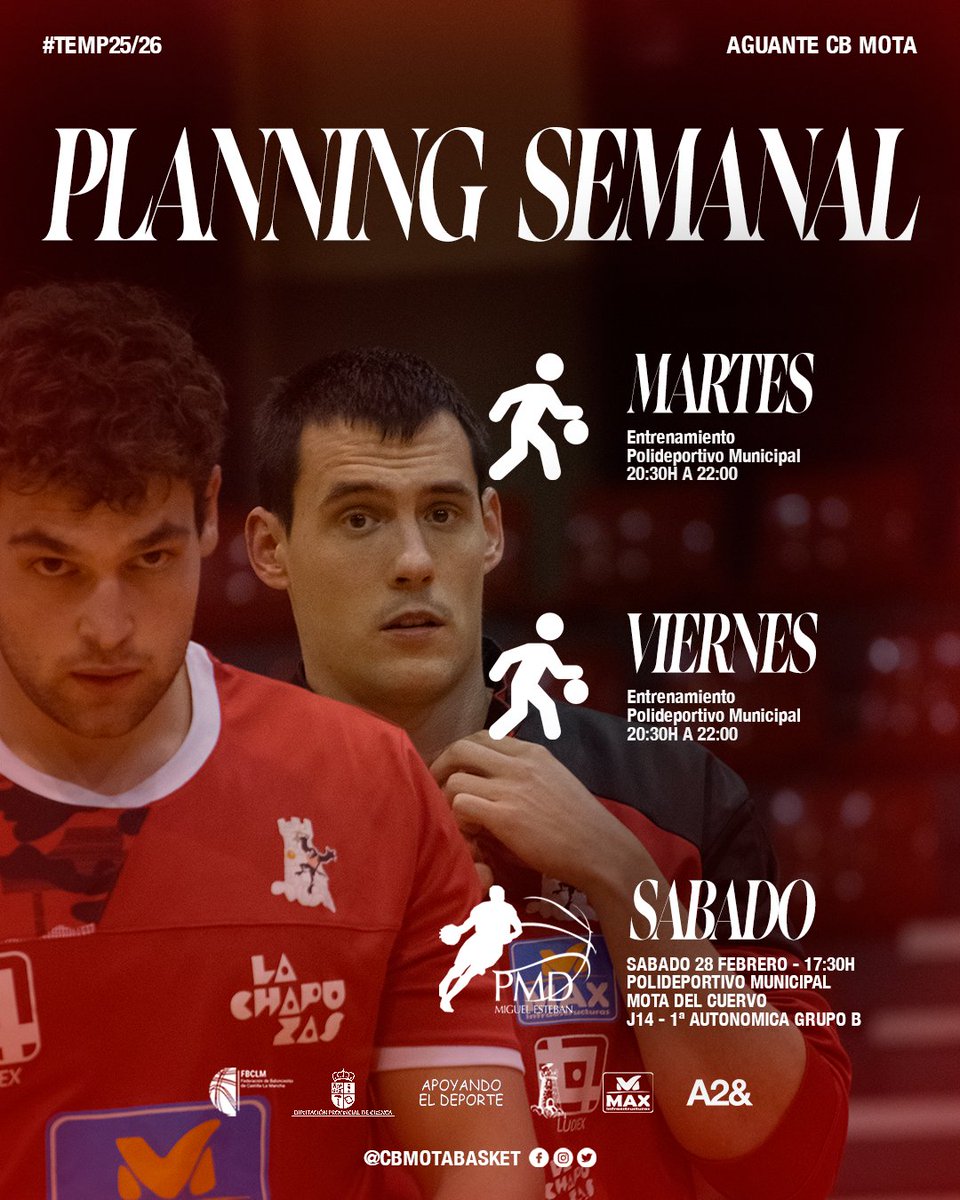 PLANNING SEMANAL DE ENTRENAMIENTOS

🏀 24 Febrero | 20:30H a 22:00H

🏀 27 Febrero | 20:30H a 22:00H

🏀 28 Febrero | 17:30H
🏆 J14 - 1ª AUTONOMICA GRUPO B
🆚 <a href="/PMD_MEsteban/">PMD Miguel Esteban</a>  
#cbmota #baloncesto #fbclm

@fb_clm @dipucuenca @comunicacion_mota