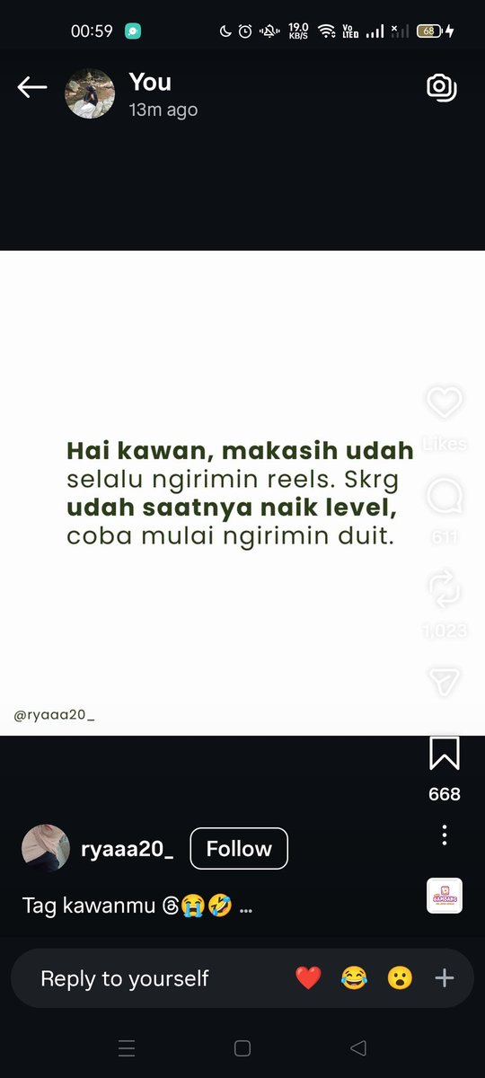 kimnisa21's tweet photo. Punya temen yang selalu kirim reels, terus iseng kirim reels balik yang tertera, ga expect di TF beneran sejutaa 😭😭 https://t.co/UKjsCQgunR