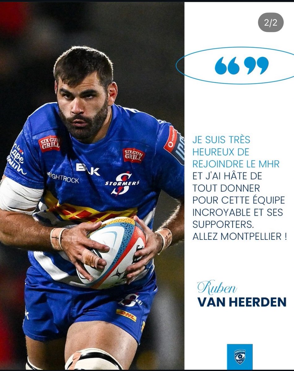 🇿🇦 Le <a href="/MHR_officiel/">Montpellier Rugby</a> a officialisé sur Instagram l’arrivée la saison prochaine de Ruben Van Heerden. 
Joueur Sud Africain sous côté qui a, selon moi, le niveau international.

Bienvenu Ruben 🤝⚪️🔵